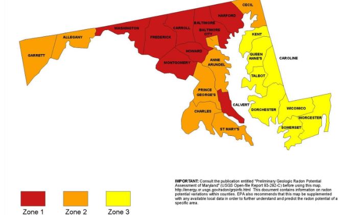RAdon Testing results map Maryland 