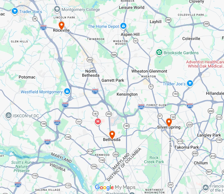 Map of Bethesda, Rockville and Silver Spring, Maryland
